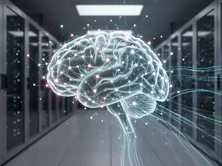 Leuchtende, komplexe neuronale Netzwerkgrafik, die KI darstellt, über verschwommenem Hintergrund eines modernen Serverraums, symbolisiert Datenverarbeitung und Wissen. - Foto: über boerse-global.de