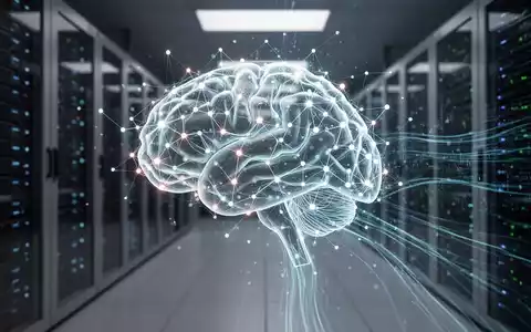 Leuchtende, komplexe neuronale Netzwerkgrafik, die KI darstellt, über verschwommenem Hintergrund eines modernen Serverraums, symbolisiert Datenverarbeitung und Wissen. - Foto: über boerse-global.de