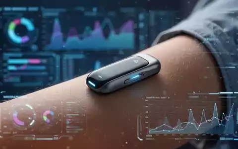 Ein moderner Glukosesensor am Arm, im Hintergrund verschwommene digitale Datenvisualisierungen, die Technologie und Gesundheitsdaten zeigen. - Foto: ĂŒber boerse-global.de