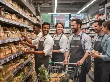 Mitarbeiter im Einzelhandel, einige mit Schürzen, bestücken Regale und bedienen Kunden in einem modernen Supermarkt. - Foto: über boerse-global.de