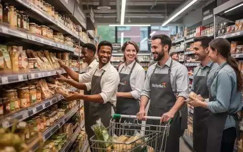 Mitarbeiter im Einzelhandel, einige mit Schürzen, bestücken Regale und bedienen Kunden in einem modernen Supermarkt. - Foto: über boerse-global.de