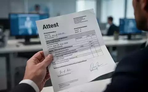 Eine Hand hält eine ärztliche Krankmeldung (Attest) vor einem unscharfen Bürohintergrund, symbolisierend neue Regeln für Krankschreibungen. - Foto: über boerse-global.de