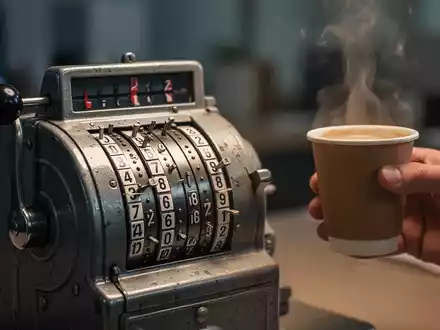 Eine Nahaufnahme einer Stechuhr oder Zeiterfassungsmaschine mit einer Hand, die eine Kaffeetasse daneben hält. - Foto: über boerse-global.de