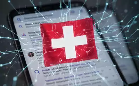 Schweizer Flagge mit digitalen Netzlinien, Symbol für Daten und Regulierung, und einem verschwommenen Smartphone-Bildschirm im Hintergrund. - Foto: über boerse-global.de