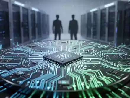Nahaufnahme eines leuchtenden Halbleiterwafers mit komplexen Schaltkreisen, Symbol für fortschrittliche KI-Chipfertigung und Lieferkettendiversifizierung. - Foto: über boerse-global.de