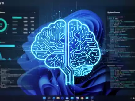 Leuchtend blaues KI-Gehirn-Symbol aus digitalen Schaltkreisen, über unscharfem Windows-11-Desktop mit Leistungsmetriken. - Foto: über boerse-global.de