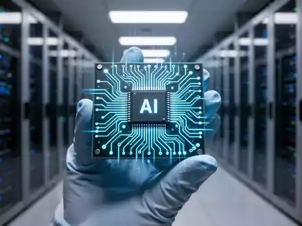 Nahaufnahme eines futuristischen Mikrochips mit leuchtenden Linien, gehalten von einer behandschuhten Hand, vor verschwommenem Rechenzentrum-Hintergrund. - Foto: über boerse-global.de