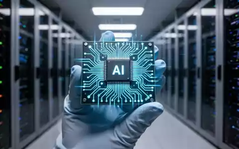 Nahaufnahme eines futuristischen Mikrochips mit leuchtenden Linien, gehalten von einer behandschuhten Hand, vor verschwommenem Rechenzentrum-Hintergrund. - Foto: über boerse-global.de