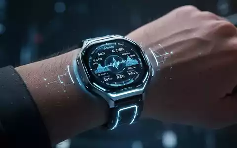 Futuristische Smartwatch mit leuchtendem Interface, das Gesundheitsdaten am Handgelenk anzeigt, Symbol für KI-gestütztes Gesundheitsmonitoring. - Foto: über boerse-global.de
