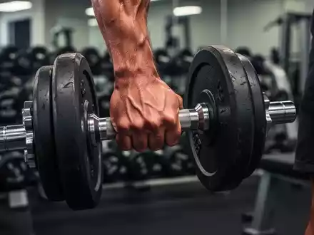 Nahaufnahme einer Hand, die eine schwere Kurzhantel in einem Fitnessstudio greift, mit unscharfen Gewichten im Hintergrund. - Foto: über boerse-global.de