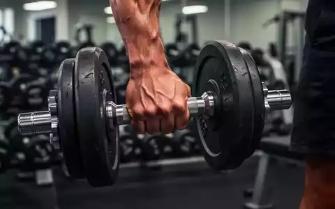 Nahaufnahme einer Hand, die eine schwere Kurzhantel in einem Fitnessstudio greift, mit unscharfen Gewichten im Hintergrund. - Foto: über boerse-global.de