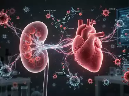 Eine leuchtende neuronale Verbindung zwischen einer durchscheinenden Niere und einem Herzen, umgeben von Entzündungsmolekülen. - Foto: über boerse-global.de