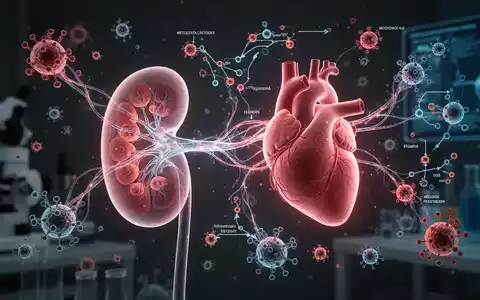 Eine leuchtende neuronale Verbindung zwischen einer durchscheinenden Niere und einem Herzen, umgeben von Entzündungsmolekülen. - Foto: über boerse-global.de