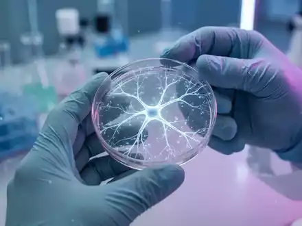 Hände eines Wissenschaftlers in einem Labor, die eine Petrischale mit einem leuchtenden neuronalen Muster halten, das medizinische Forschung symbolisiert. - Foto: über boerse-global.de