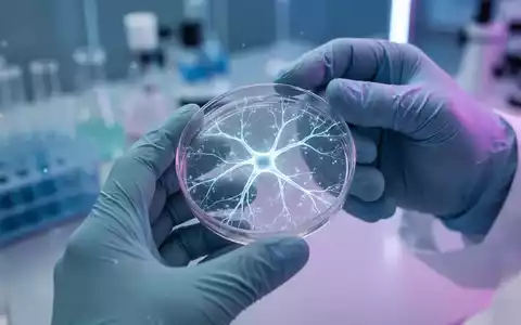 Hände eines Wissenschaftlers in einem Labor, die eine Petrischale mit einem leuchtenden neuronalen Muster halten, das medizinische Forschung symbolisiert. - Foto: über boerse-global.de