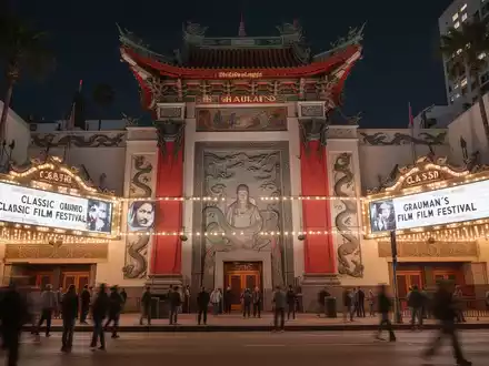 Das Grauman's Chinese Theatre in Hollywood bei Nacht, mit leuchtendem Festivallogo und klassischer Architektur. - Foto: über boerse-global.de