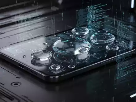 Nahaufnahme eines modernen Smartphone-Bildschirms mit futuristischem Betriebssystem-Interface und leuchtenden, flüssigen Glasgrafiken. - Foto: über boerse-global.de