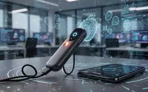 Schlankes, modernes KI-Sprachaufnahmegerät, verbunden mit einem Smartphone, futuristischer, verschwommener Bürohintergrund. - Foto: über boerse-global.de