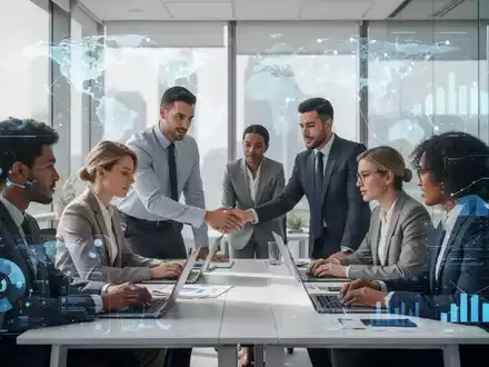 Eine Gruppe vielfältiger Geschäftsleute arbeitet in einem modernen Büro zusammen, mit digitalen Schnittstellen im Hintergrund, die Technologie und globale Konnektivität symbolisieren. - Foto: über boerse-global.de