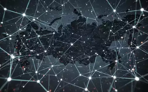 Abstraktes digitales Netzwerk mit leuchtenden Linien und Knoten über einer dunklen, fragmentierten Russlandkarte, symbolisiert digitale Störung. - Foto: über boerse-global.de