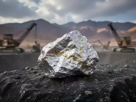 Nahaufnahme eines Silbererzmusters mit subtilen Goldadern auf dunklem Felsen, im Hintergrund verschwommene Bergbauausrüstung und Berge. - Foto: über boerse-global.de