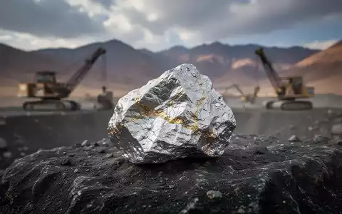 Nahaufnahme eines Silbererzmusters mit subtilen Goldadern auf dunklem Felsen, im Hintergrund verschwommene Bergbauausrüstung und Berge. - Foto: über boerse-global.de
