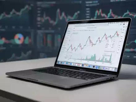 Aufbereiteter Laptop, vermutlich MacBook Air, offen auf Schreibtisch mit unscharfem Finanzhintergrund, symbolisiert erschwingliche Technik. - Foto: über boerse-global.de
