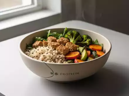 Ein ansprechend angerichtetes veganes High-Protein-Fertiggericht in einer modernen Schale auf einem minimalistischen Tisch mit natürlichen Zutaten. - Foto: über boerse-global.de