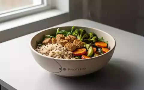 Ein ansprechend angerichtetes veganes High-Protein-Fertiggericht in einer modernen Schale auf einem minimalistischen Tisch mit natürlichen Zutaten. - Foto: über boerse-global.de