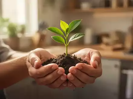Hände halten sanft einen jungen grünen Pflanzenspross, im unscharfen Hintergrund eine Küche. Symbolisiert intuitives Essen und Wachstum. - Foto: über boerse-global.de