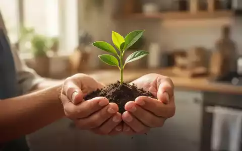 Hände halten sanft einen jungen grünen Pflanzenspross, im unscharfen Hintergrund eine Küche. Symbolisiert intuitives Essen und Wachstum. - Foto: über boerse-global.de
