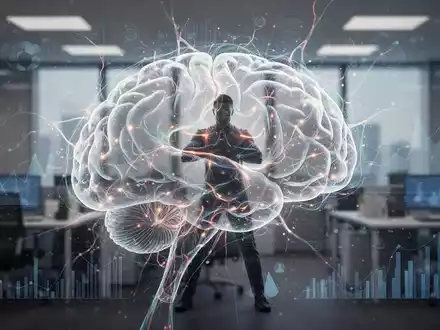 Ein stilisiertes Gehirn mit leuchtenden Neuronen, überlagert von Datenvisualisierungen und einer fokussierten menschlichen Silhouette. - Foto: über boerse-global.de