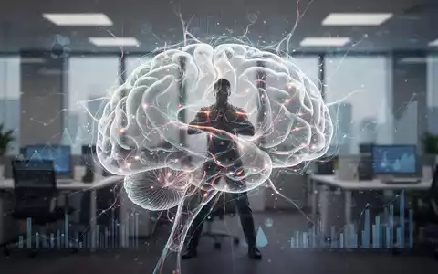 Ein stilisiertes Gehirn mit leuchtenden Neuronen, überlagert von Datenvisualisierungen und einer fokussierten menschlichen Silhouette. - Foto: über boerse-global.de