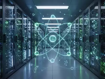 Ein futuristisches Rechenzentrum mit leuchtenden Servern und schematischen Wasserstoffatomen, das die Verbindung von Energie und Daten symbolisiert. - Foto: über boerse-global.de
