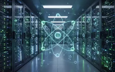 Ein futuristisches Rechenzentrum mit leuchtenden Servern und schematischen Wasserstoffatomen, das die Verbindung von Energie und Daten symbolisiert. - Foto: über boerse-global.de