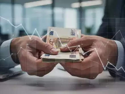 Hände zählen Euro-Banknoten, überlagert von einem Diagramm mit Abwärtstrend, im Hintergrund ein unscharfes Büro. Symbolisiert die finanziellen Auswirkungen von Gesundheitsreformen. - Foto: über boerse-global.de