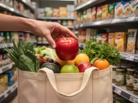 Eine Hand legt einen Bio-Apfel in eine wiederverwendbare Einkaufstasche, umgeben von verschwommenen Supermarktregalen. - Foto: über boerse-global.de