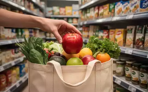Eine Hand legt einen Bio-Apfel in eine wiederverwendbare Einkaufstasche, umgeben von verschwommenen Supermarktregalen. - Foto: über boerse-global.de