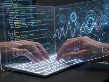 Entwicklerhände tippen auf Tastatur, Codezeilen und Datenvisualisierungen auf Bildschirm projiziert. - Foto: über boerse-global.de