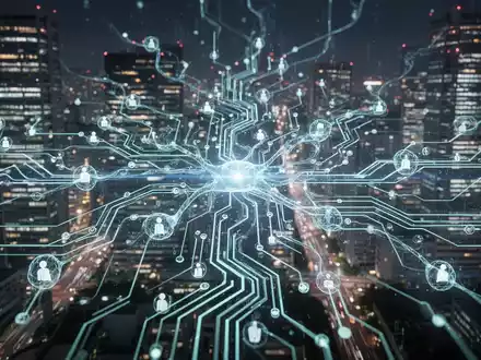 Leuchtendes, abstraktes neuronales Netzwerk oder Leiterplatte mit verschwommenen japanischen Stadtlichtern im Hintergrund, das KI und Geschäftsinnovation repräsentiert. - Foto: über boerse-global.de