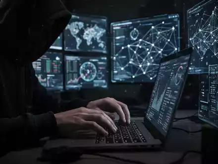 Eine schattenhafte Gestalt in einem dunklen Kapuzenpullover tippt an einem Laptop, umgeben von digitalen Bildschirmen mit Finanzdaten. - Foto: über boerse-global.de