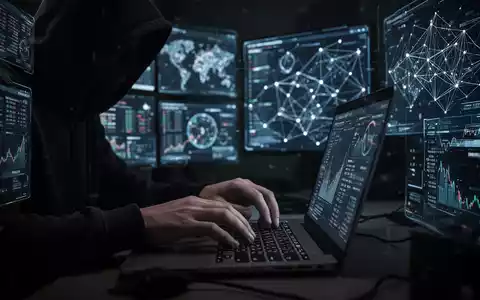 Eine schattenhafte Gestalt in einem dunklen Kapuzenpullover tippt an einem Laptop, umgeben von digitalen Bildschirmen mit Finanzdaten. - Foto: über boerse-global.de