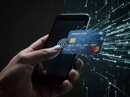 Eine Hand hält ein Android-Smartphone, das eine Bankkarte berührt, mit digitalen Datenströmen, die Datendiebstahl symbolisieren. - Foto: über boerse-global.de