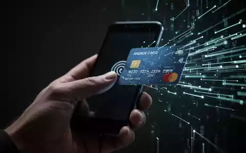 Eine Hand hält ein Android-Smartphone, das eine Bankkarte berührt, mit digitalen Datenströmen, die Datendiebstahl symbolisieren. - Foto: über boerse-global.de