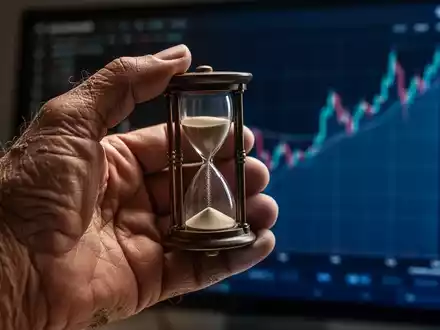 Eine Nahaufnahme einer alternden Hand, die eine kleine Sanduhr hält, mit einem unscharfen Finanzdiagramm im Hintergrund. - Foto: über boerse-global.de