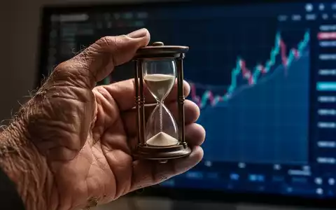 Eine Nahaufnahme einer alternden Hand, die eine kleine Sanduhr hält, mit einem unscharfen Finanzdiagramm im Hintergrund. - Foto: über boerse-global.de