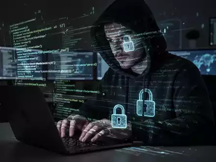 Person in Kapuzenjacke tippt auf Laptop, digitale Codes und Schlösser auf dem Gesicht, Symbol für Cyberkriminalität und Phishing. - Foto: über boerse-global.de