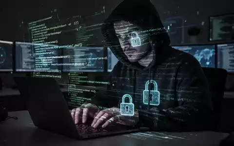 Person in Kapuzenjacke tippt auf Laptop, digitale Codes und Schlösser auf dem Gesicht, Symbol für Cyberkriminalität und Phishing. - Foto: über boerse-global.de
