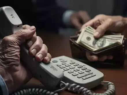Eine Nahaufnahme der Hand einer älteren Person, die ein Telefon hält, mit einer verschwommenen Hand, die nach einem Portemonnaie greift. - Foto: über boerse-global.de