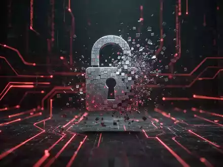 Ein dunkles, digitales Bild mit roten Datenströmen und einem sich auflösenden Vorhängeschloss-Symbol, das Cyberbetrug darstellt. - Foto: über boerse-global.de